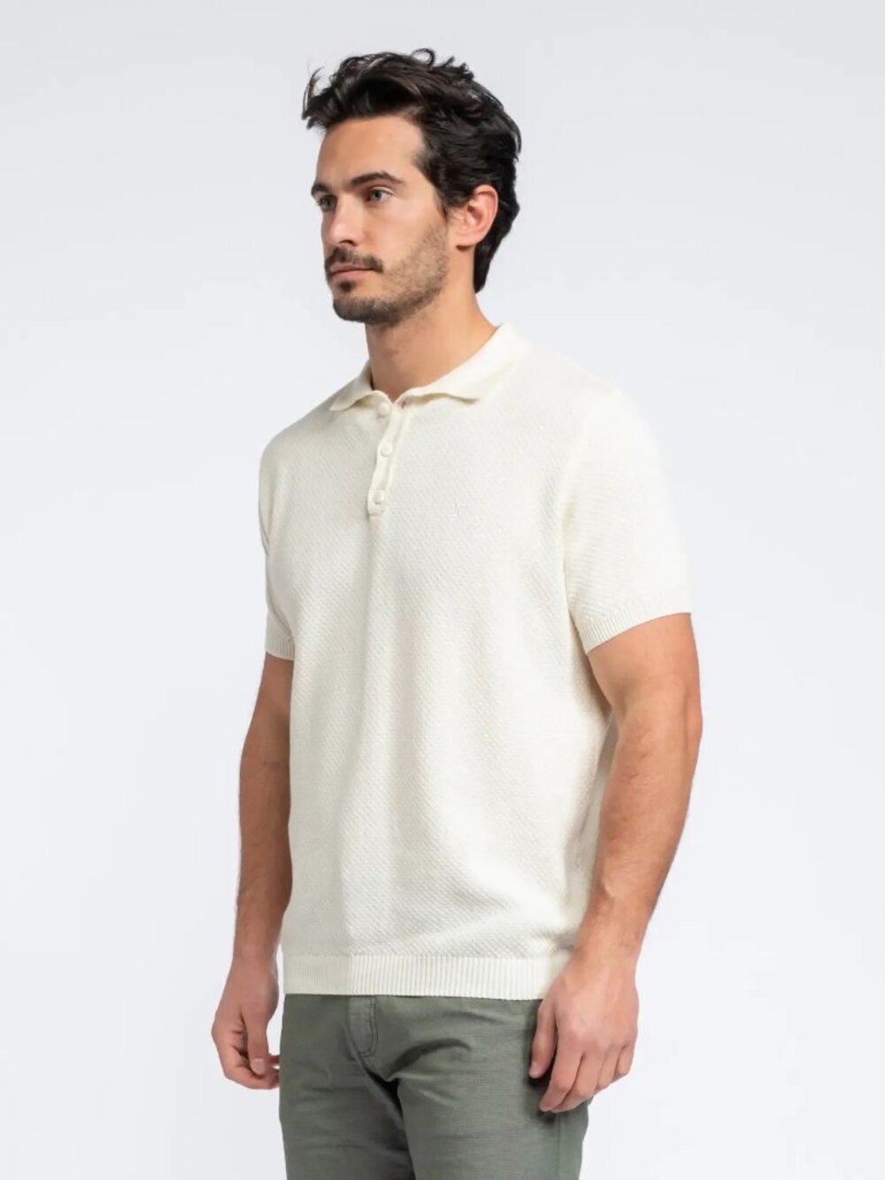 SMF Cream Textured Knit Short Sleeve Button Up Polo/4673